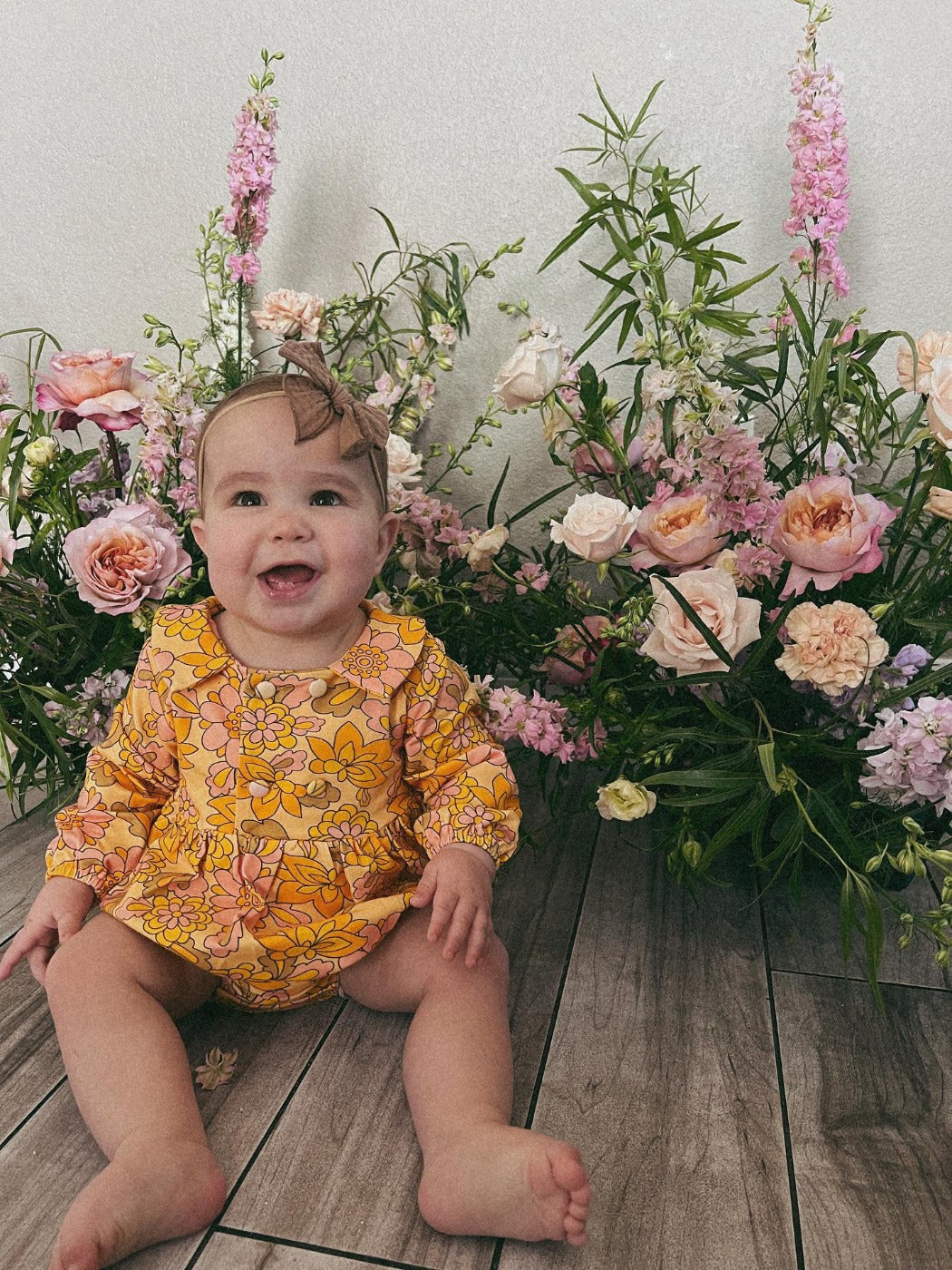 Seventies Yellow Retro Floral Collar Romper for Babies