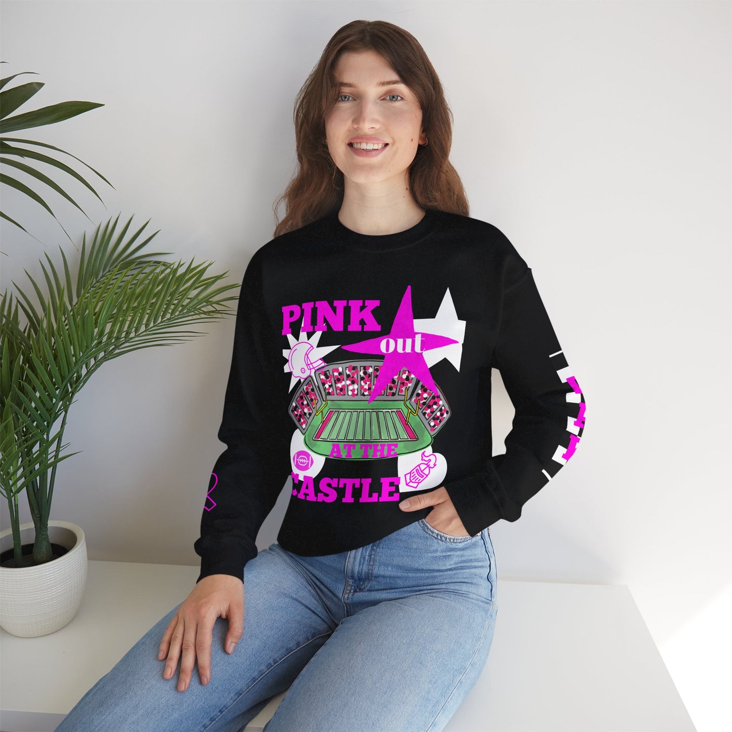Pink Out Castle Crewneck Sweatshirt, Sportswear for Game Day, Awareness Event Apparel, Cozy Sweatshirt, Unisex Gift