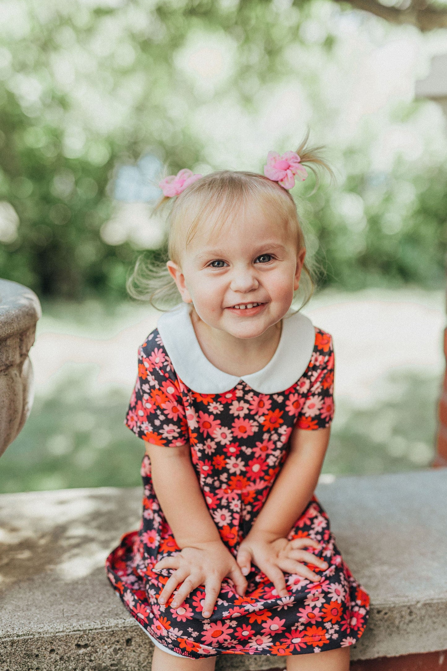 Retro Mod Navy and Pink Flower Peter Pan Collar Floral Dress