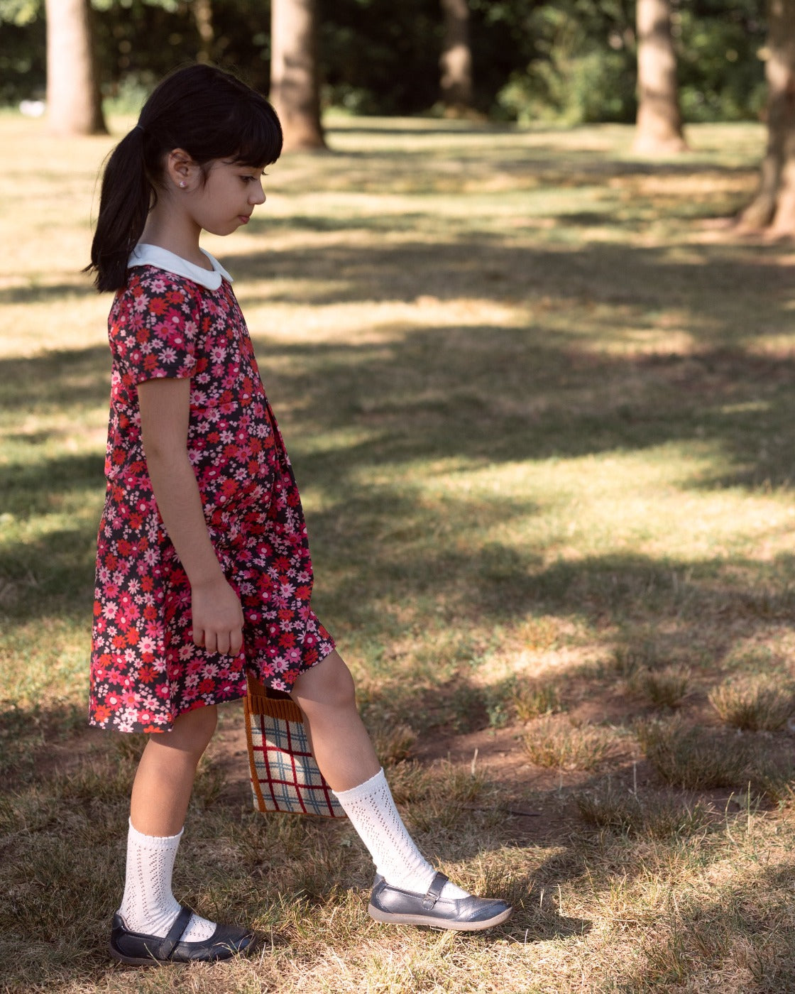 Retro Mod Navy and Pink Flower Peter Pan Collar Floral Dress