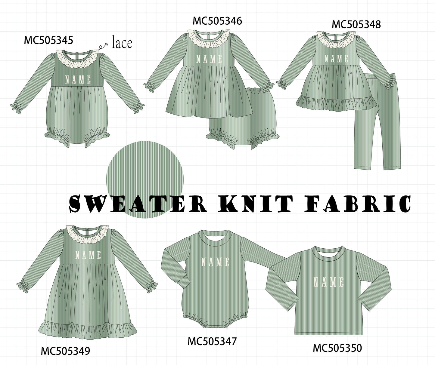 PO57 Green lace monogram embroidery sweater knit ruffle collection
