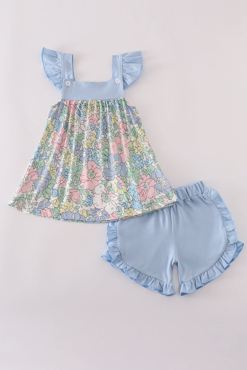 Blue floral print ruffle shorts set