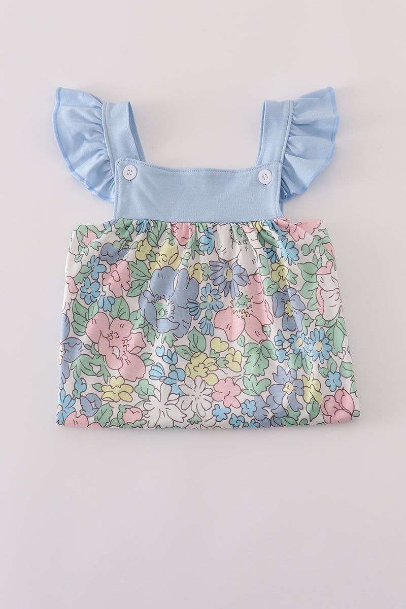 Blue floral print ruffle shorts set