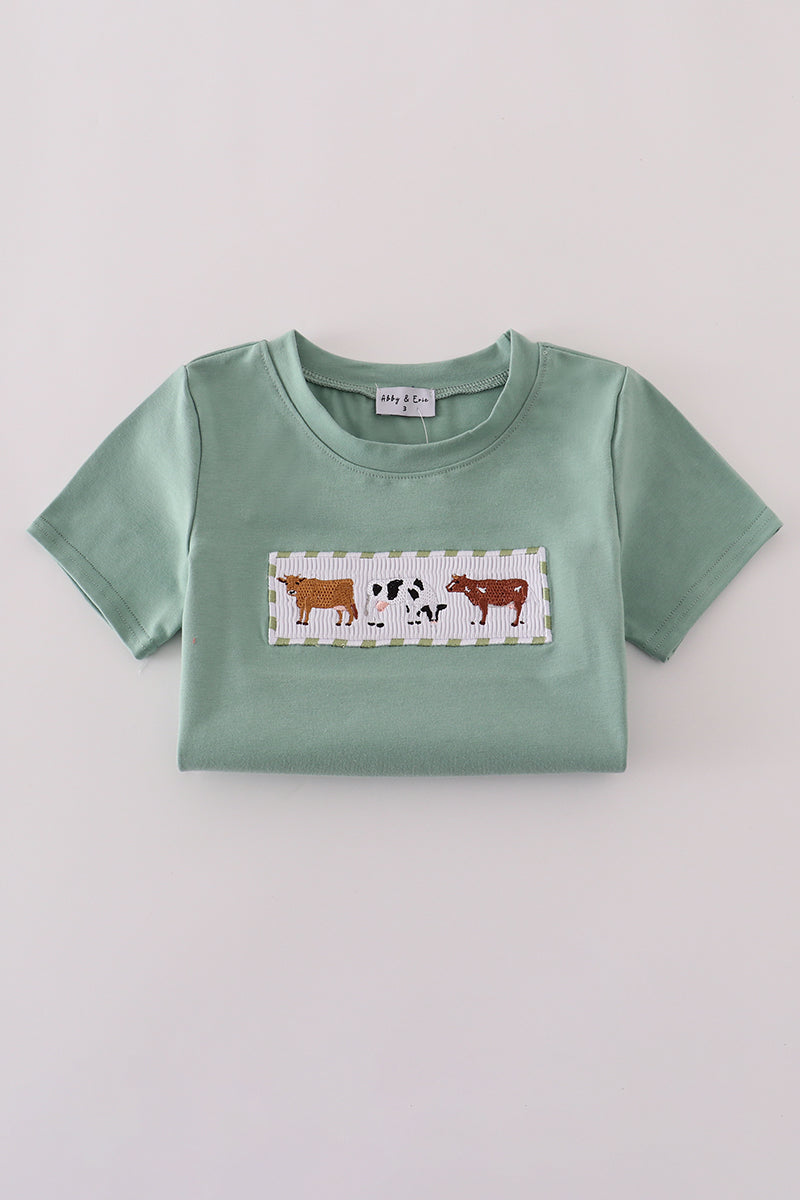 Green cow embroidery smocked gingham shorts set