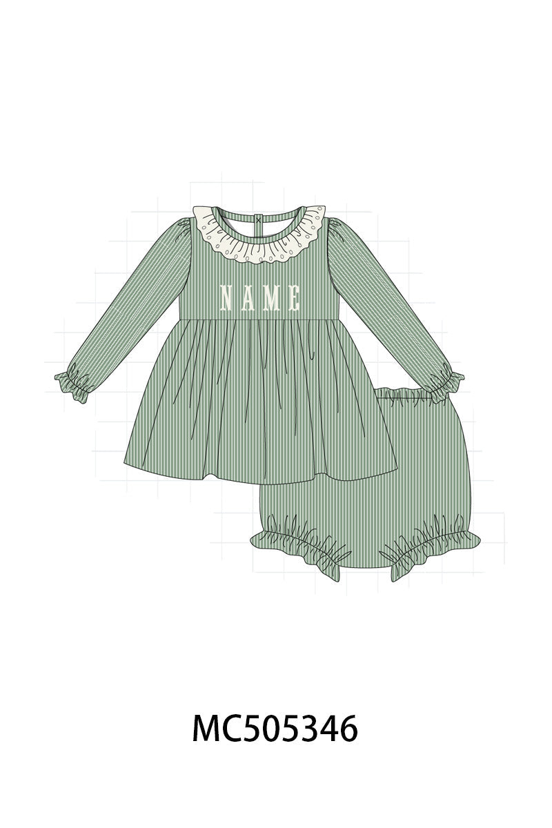 PO57 Green lace monogram embroidery sweater knit ruffle collection