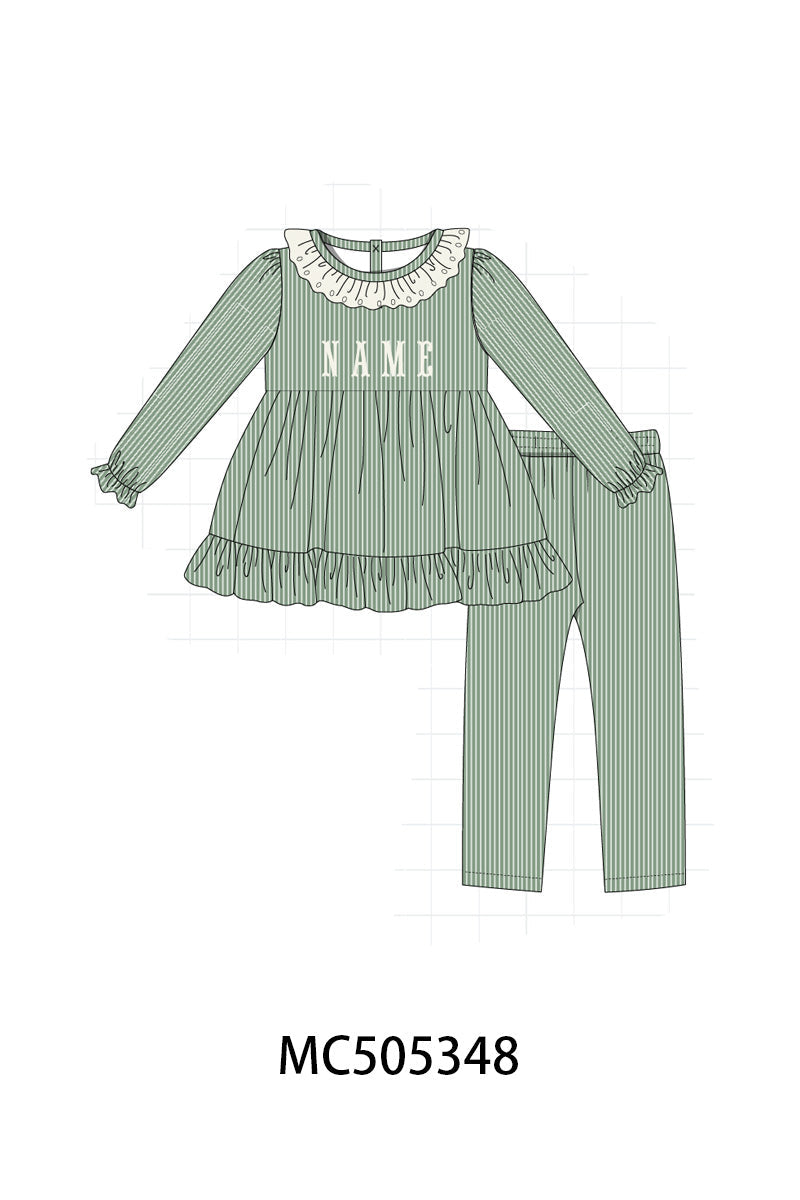 PO57 Green lace monogram embroidery sweater knit ruffle collection