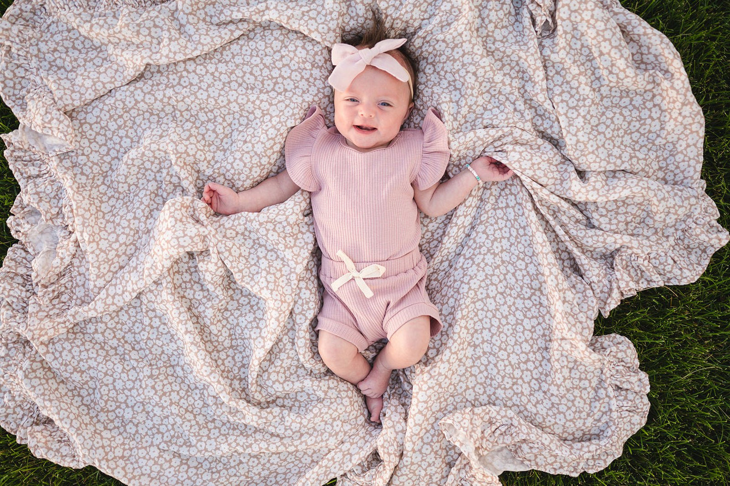 Muslin Swaddle Blanket - Mocha Ditsy Floral Ruffle