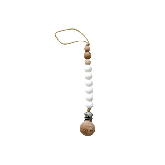 Pacifier Clip Harper – White Silicone & Natural Wood Beads