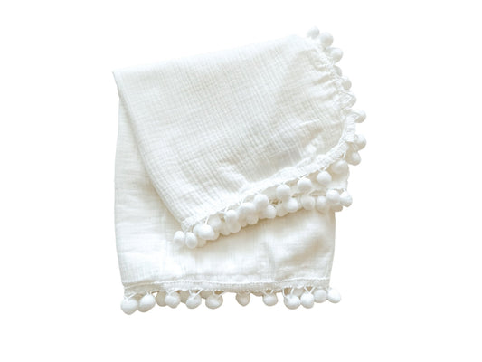 Muslin Swaddle Blanket - White Pom