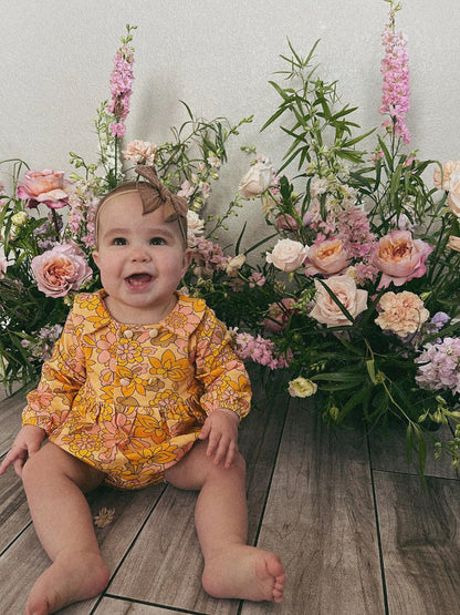 Seventies Yellow Retro Floral Collar Romper for Babies