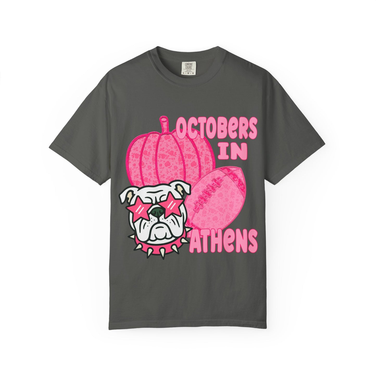 Playful Bulldog & Pumpkin Tee, Fun T-Shirt for Fall, Halloween Outfit, Athens Pride, Trendy Graphic Shirt, Unisex Casual Wear