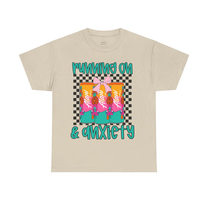 Colorful Unisex Heavy Cotton Tee - Running On Anxiety, Casual Wear, Graphic Tee, Gift for Anxiety Relief, Fun Everyday Style