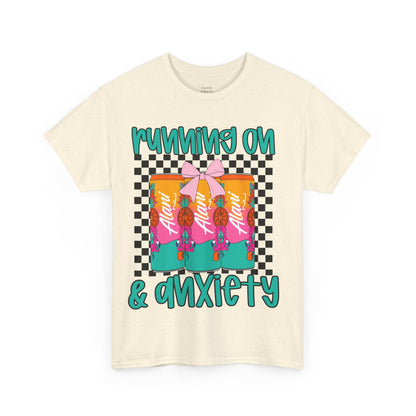 Colorful Unisex Heavy Cotton Tee - Running On Anxiety, Casual Wear, Graphic Tee, Gift for Anxiety Relief, Fun Everyday Style