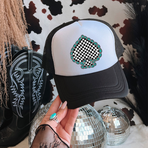 Checkered spade western trucker hat