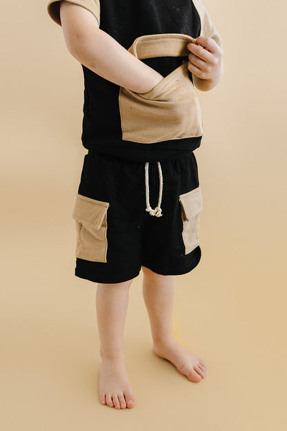 Terry Cargo Shorts Set | Black & Tan