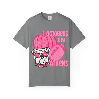 Playful Bulldog & Pumpkin Tee, Fun T-Shirt for Fall, Halloween Outfit, Athens Pride, Trendy Graphic Shirt, Unisex Casual Wear