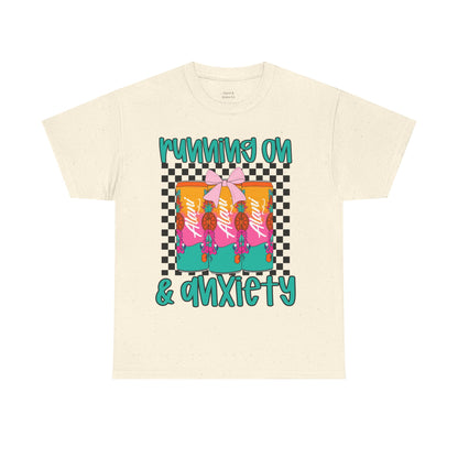 Colorful Unisex Heavy Cotton Tee - Running On Anxiety, Casual Wear, Graphic Tee, Gift for Anxiety Relief, Fun Everyday Style