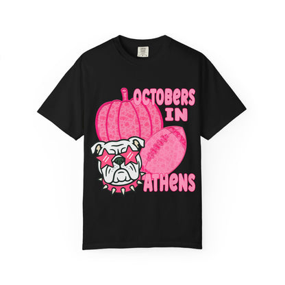 Playful Bulldog & Pumpkin Tee, Fun T-Shirt for Fall, Halloween Outfit, Athens Pride, Trendy Graphic Shirt, Unisex Casual Wear