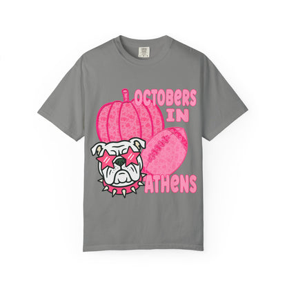 Playful Bulldog & Pumpkin Tee, Fun T-Shirt for Fall, Halloween Outfit, Athens Pride, Trendy Graphic Shirt, Unisex Casual Wear