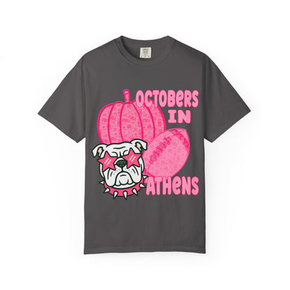 Playful Bulldog & Pumpkin Tee, Fun T-Shirt for Fall, Halloween Outfit, Athens Pride, Trendy Graphic Shirt, Unisex Casual Wear