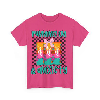 Colorful Unisex Heavy Cotton Tee - Running On Anxiety, Casual Wear, Graphic Tee, Gift for Anxiety Relief, Fun Everyday Style