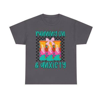 Colorful Unisex Heavy Cotton Tee - Running On Anxiety, Casual Wear, Graphic Tee, Gift for Anxiety Relief, Fun Everyday Style
