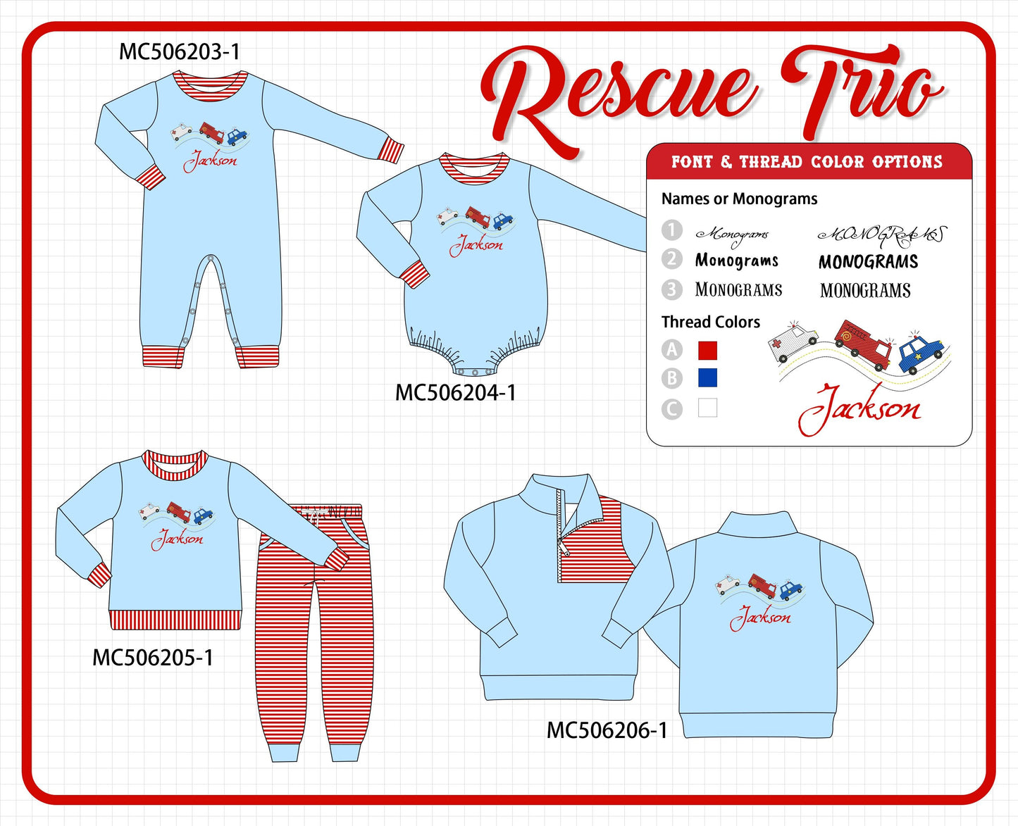 PO60 Blue rescue vehicle embroidery monogram collection
