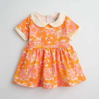 Girls' Mod Collar Dress in Orange and Pink Flower Power
