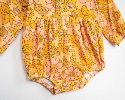 Seventies Yellow Retro Floral Collar Romper for Babies