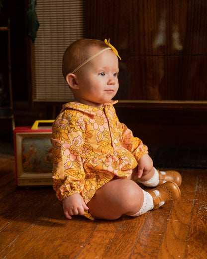 Seventies Yellow Retro Floral Collar Romper for Babies