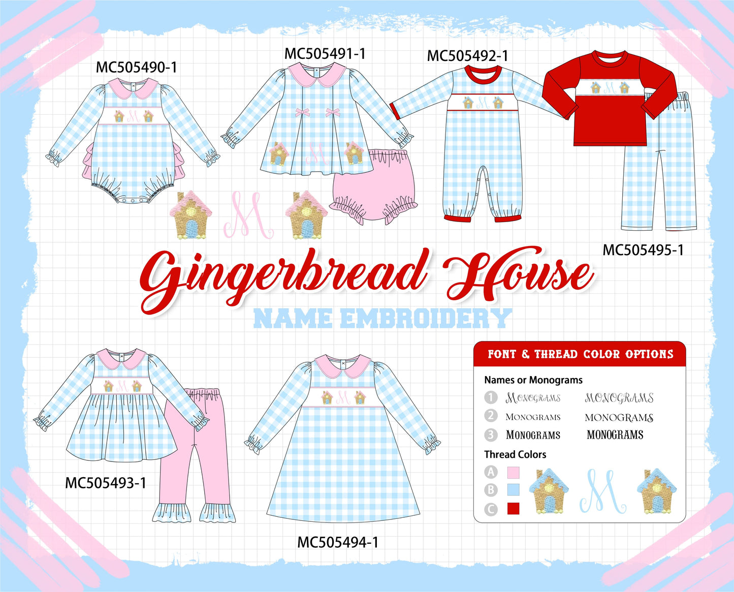 PO58 Christmas gingerbread house monogram embroidery gingham collection