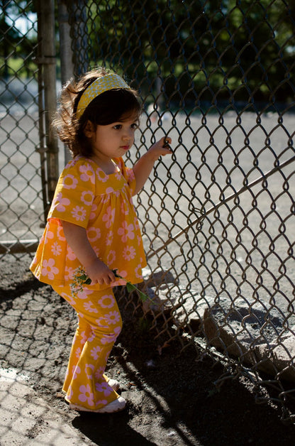 Retro Mustard Daisy Bell Sleeve Top for Baby Toddler and Girls