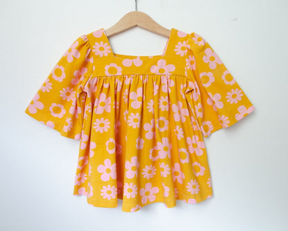 Retro Mustard Daisy Bell Sleeve Top for Baby Toddler and Girls