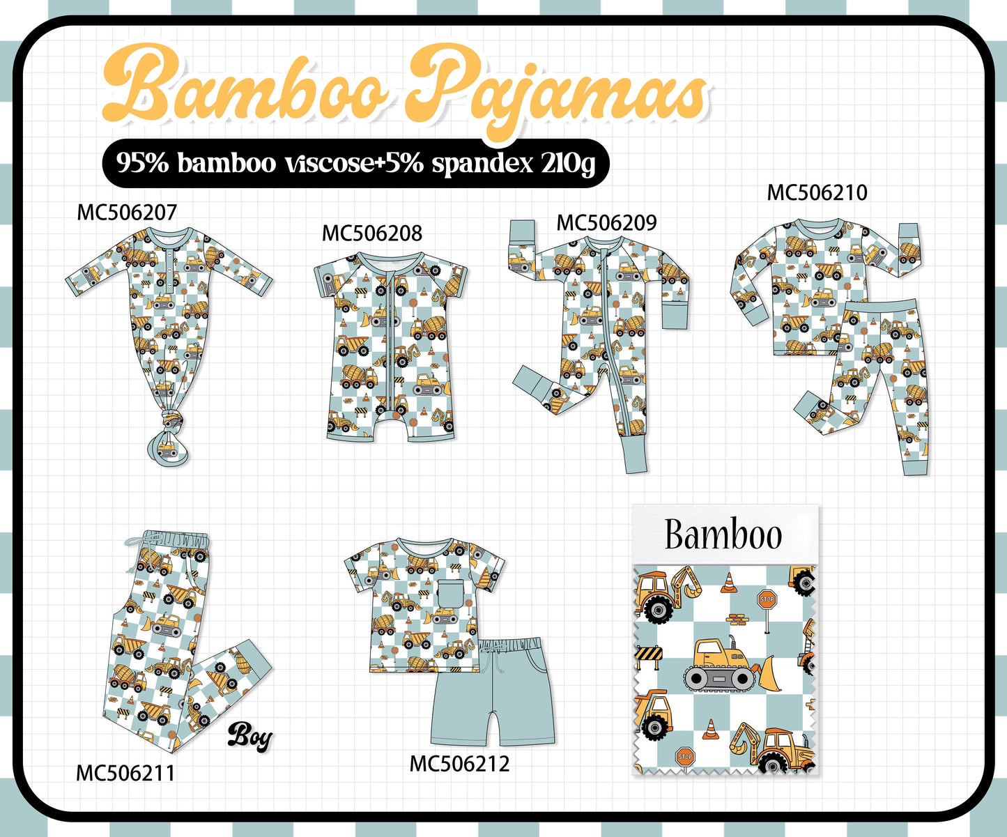 PO60 Excavator print checkered bamboo pajamas collection