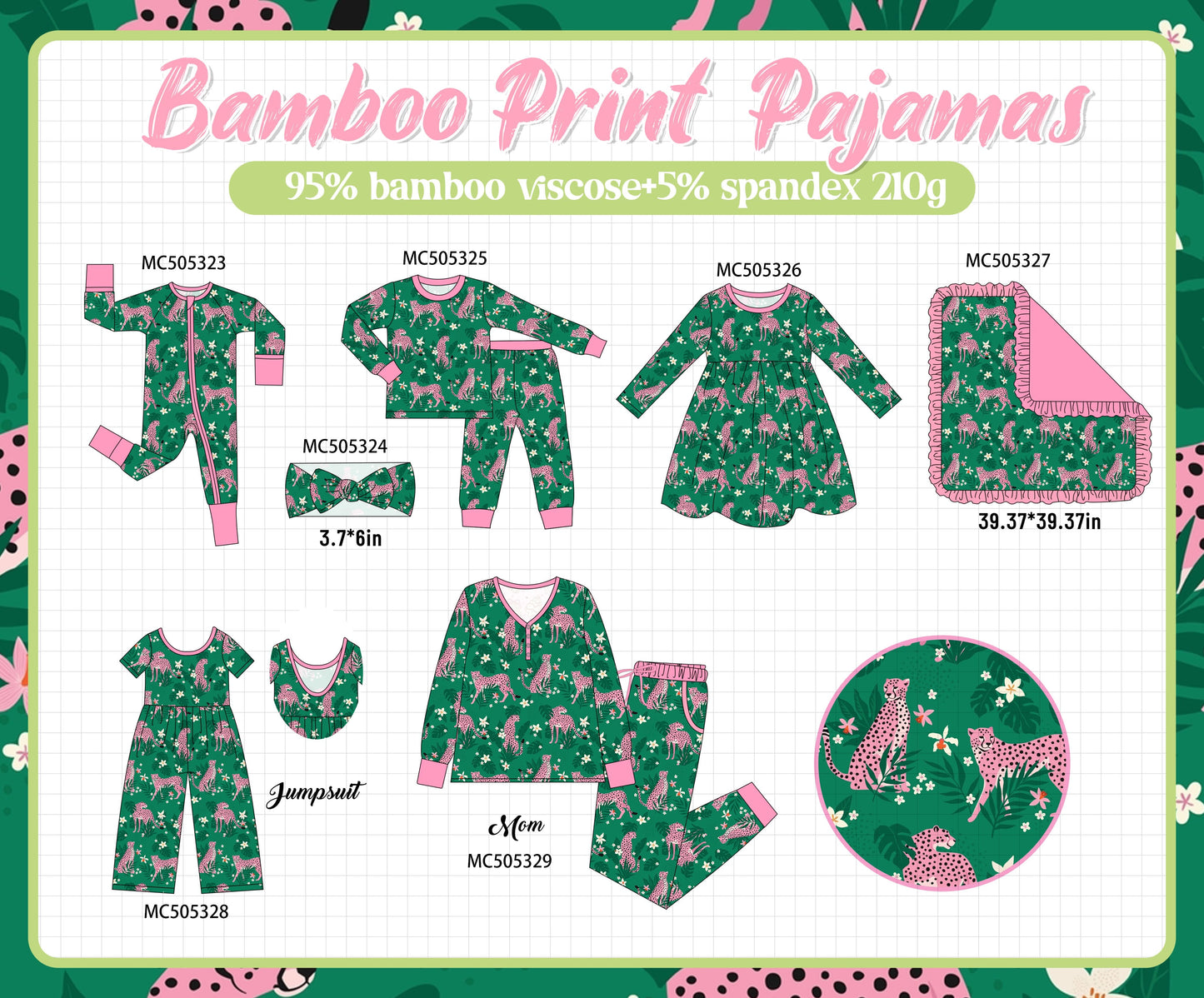 PO57 Green leopard print bamboo pajamas collection