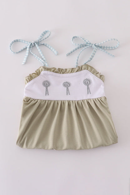 Green farm windmill embroidery ruffle bubble