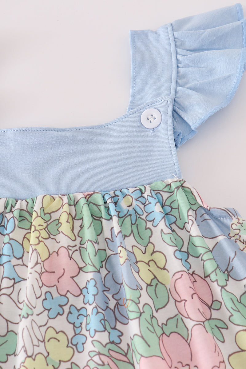 Blue floral print ruffle shorts set