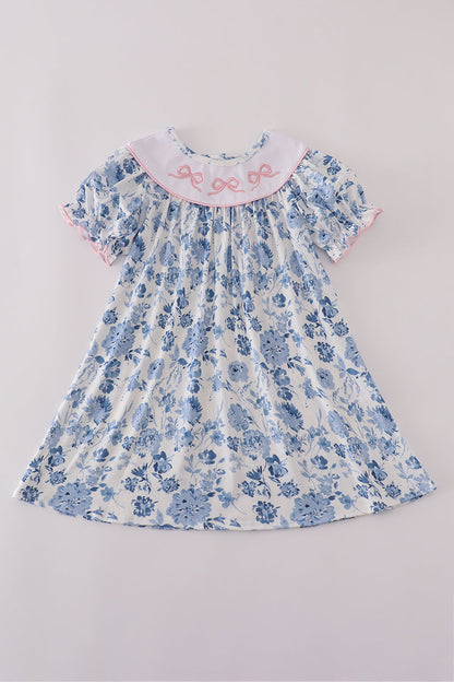 Blue bow embroidery floral dress