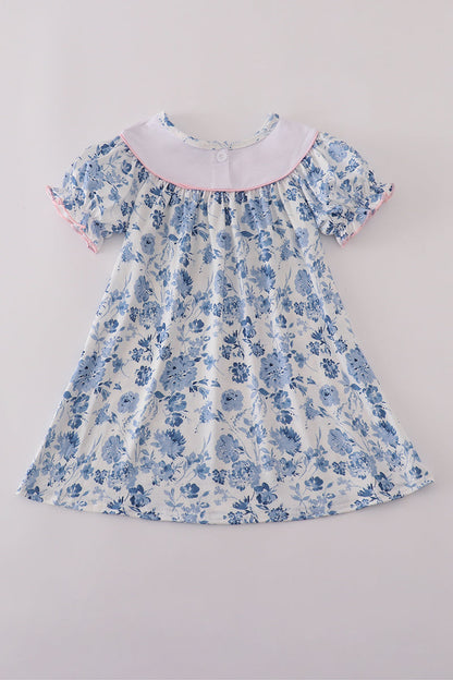 Blue bow embroidery floral dress