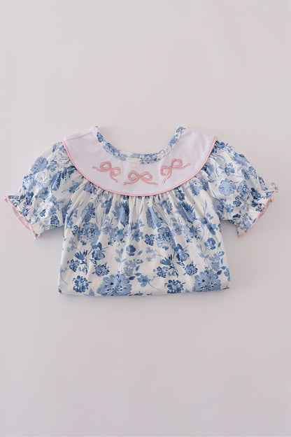 Blue bow embroidery floral dress