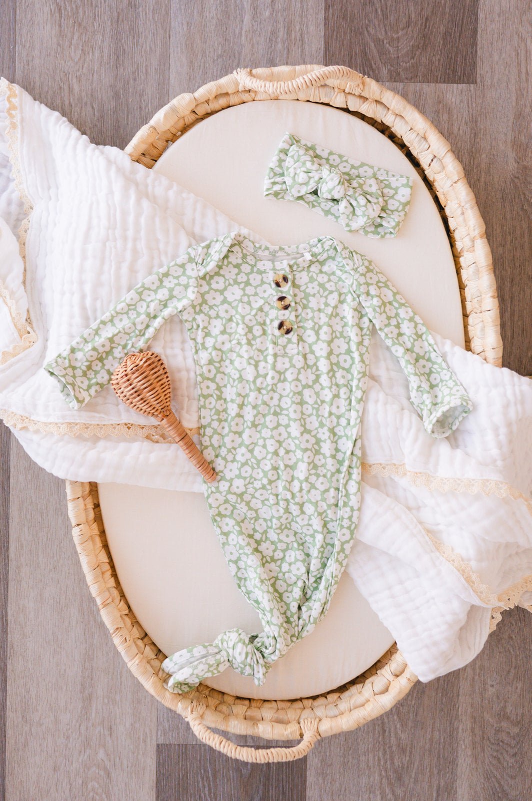 Knotted Baby Gown - Sage Ditsy Floral