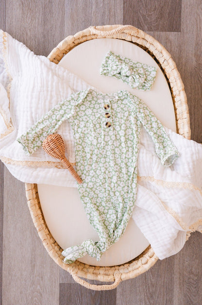 Knotted Baby Gown - Sage Ditsy Floral