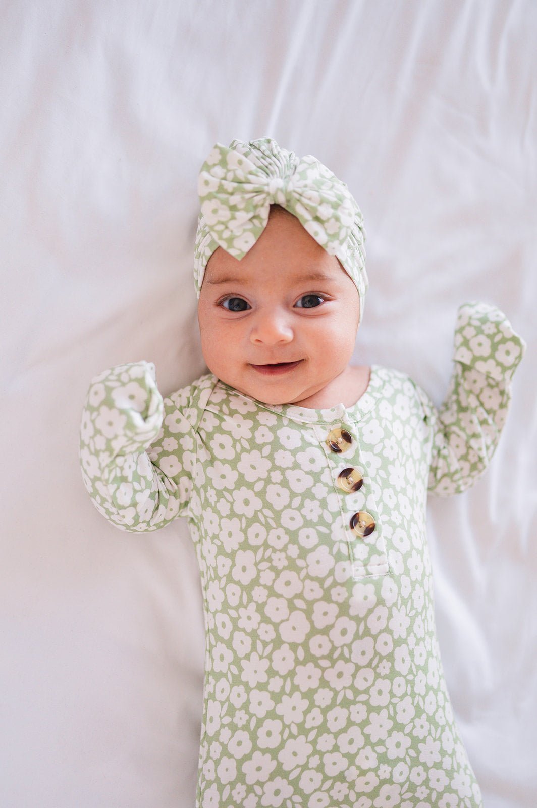 Knotted Baby Gown - Sage Ditsy Floral